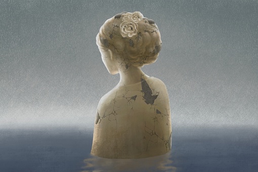 Depressed and lonely broken young woman sculpture in water, sadness, depression, alone concept fantasy painting illustration, surreal