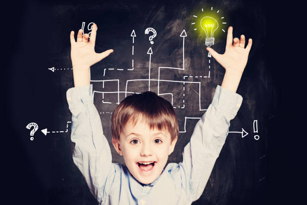 istock Boy has an idea. Concept with question signs and light idea bulb 1183343366