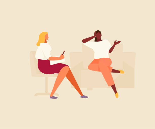 Psychologist with patient therapy vector Young woman talking with a psychologist. Psychological counseling and therapy. Vector flat illustration. listening illustrations stock illustrations