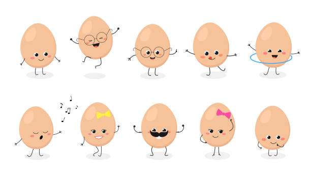 illustrazioni stock, clip art, cartoni animati e icone di tendenza di emoticon con set vettoriale di personaggi uovo cartone animato - uovo