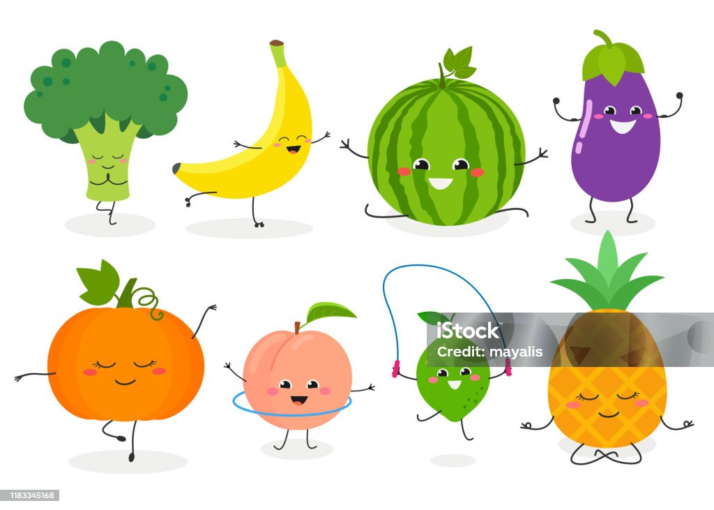 Funny Cartoon Sporty Fruit And Veggie Characters Stock Illustration -  Download Image Now - Fruit, Vegetable, Dancing - iStock