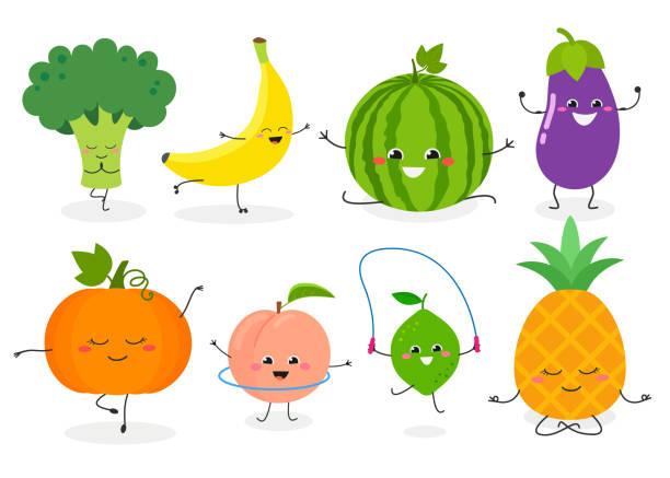 Funny cartoon sporty fruit and veggie characters Collection with different cute cartoon fruit and vegetable characters leading sporty lifestyle. Vector flat illustration isolated on white background fruit clipart stock illustrations