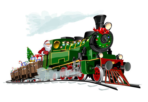 illustrations, cliparts, dessins animés et icônes de carte de noel de vecteur avec le dessin animé santa express - train