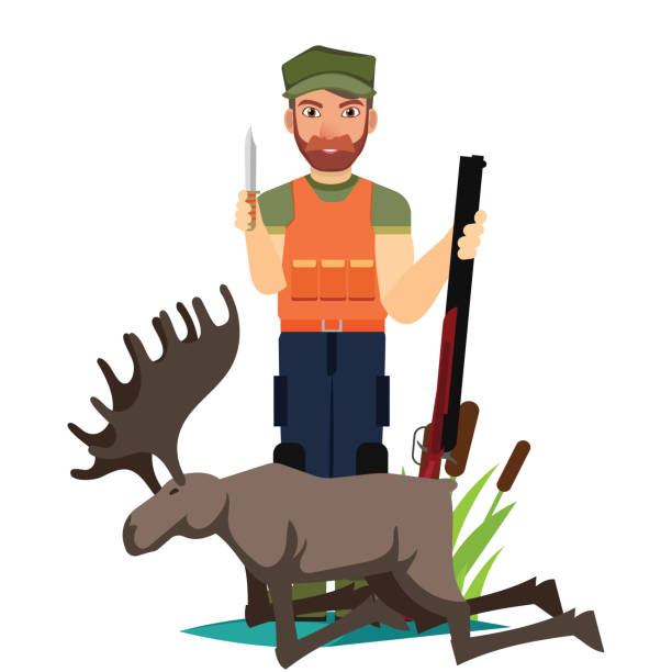 ilustrações de stock, clip art, desenhos animados e ícones de reindeer tools for pig hunters. illustration of hunter and gun, equipment gun - rifle hunting shotgun gun