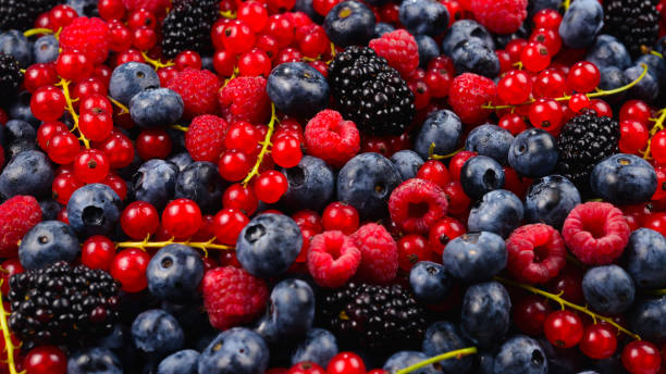 istock Blackberry, raspberry, blueberry,  red currant and mint background. 1183347784