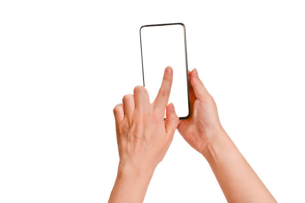 istock Smart phone in woman hands isolated on white background.  White screen. Copy space. 1183347801