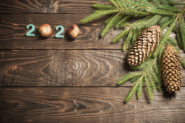 istock New Year composition, 2020 simbols and fir branches with cones o 1183349507