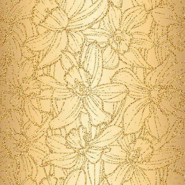 istock Seamless floral shiny pattern on gold background. Hand-drawn gold linear flowers - Daffodil. 1183349553