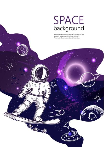 istock Space background. Outline astronaut, planets, satellites, flying saucers. An astronaut is snowboarding among the galaxy. 1183351022