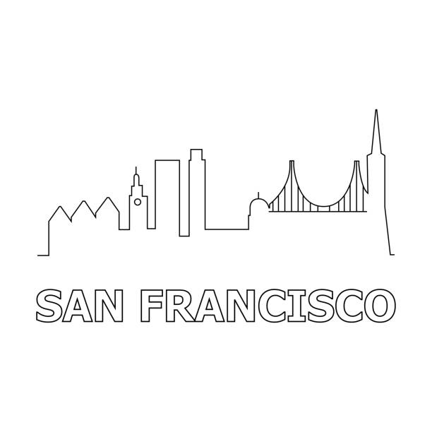 샌프란시스코 스카이 라인과 랜드 마크 실루엣 블랙 벡터 아이콘입니다. 샌프란시스코 파노라마. 미국. 미국 - san francisco county skyline vector bridge stock illustrations
