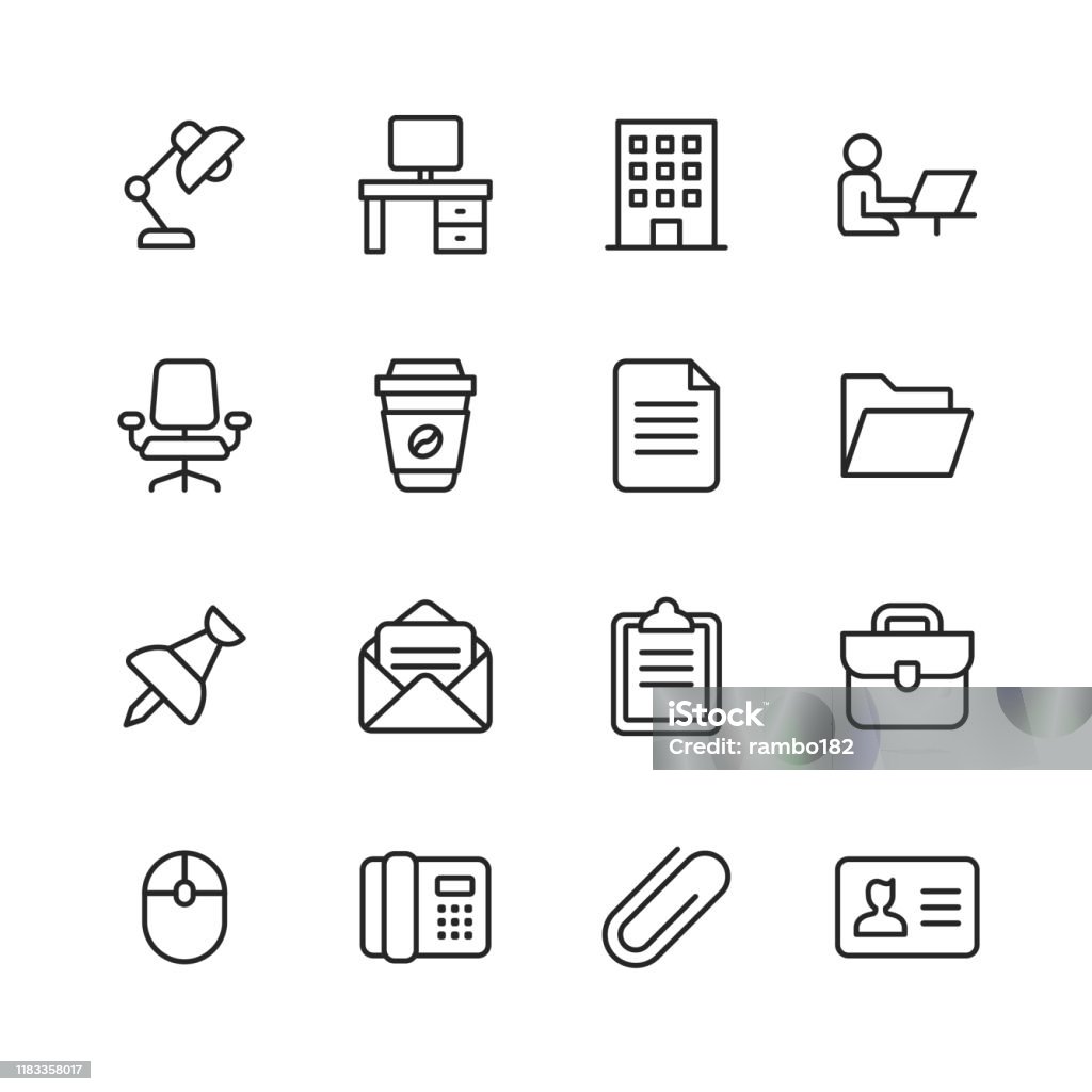 Office-ikoner. Redigerbar stroke. Pixel perfekt. För mobil och webb. Innehåller sådana ikoner som skrivbord, kontor, stol, kaffe, dokument, datormus, Urklipp. - Royaltyfri Ikon vektorgrafik