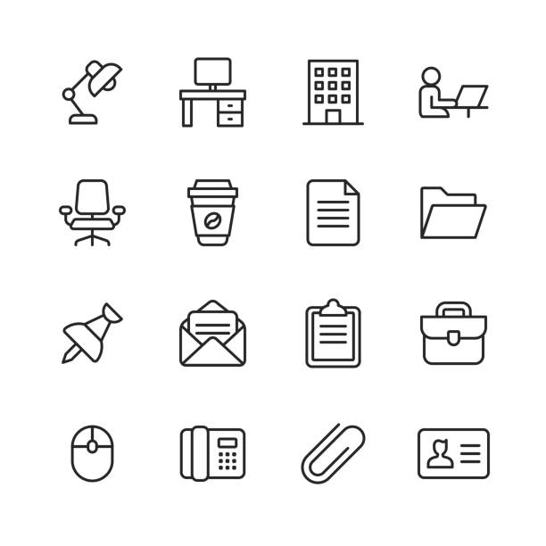 Office Icons. Editable Stroke. Pixel Perfect. For Mobile and Web. Contains such icons as Office Desk, Office, Chair, Coffee, Document, Computer Mouse, Clipboard. 16 Office Outline Icons. desk symbols stock illustrations