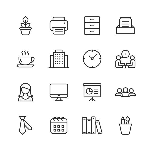 ilustrações de stock, clip art, desenhos animados e ícones de office icons. editable stroke. pixel perfect. for mobile and web. contains such icons as office, plant, printer, office tools, conversation, meeting, coffee, chart. - employment document