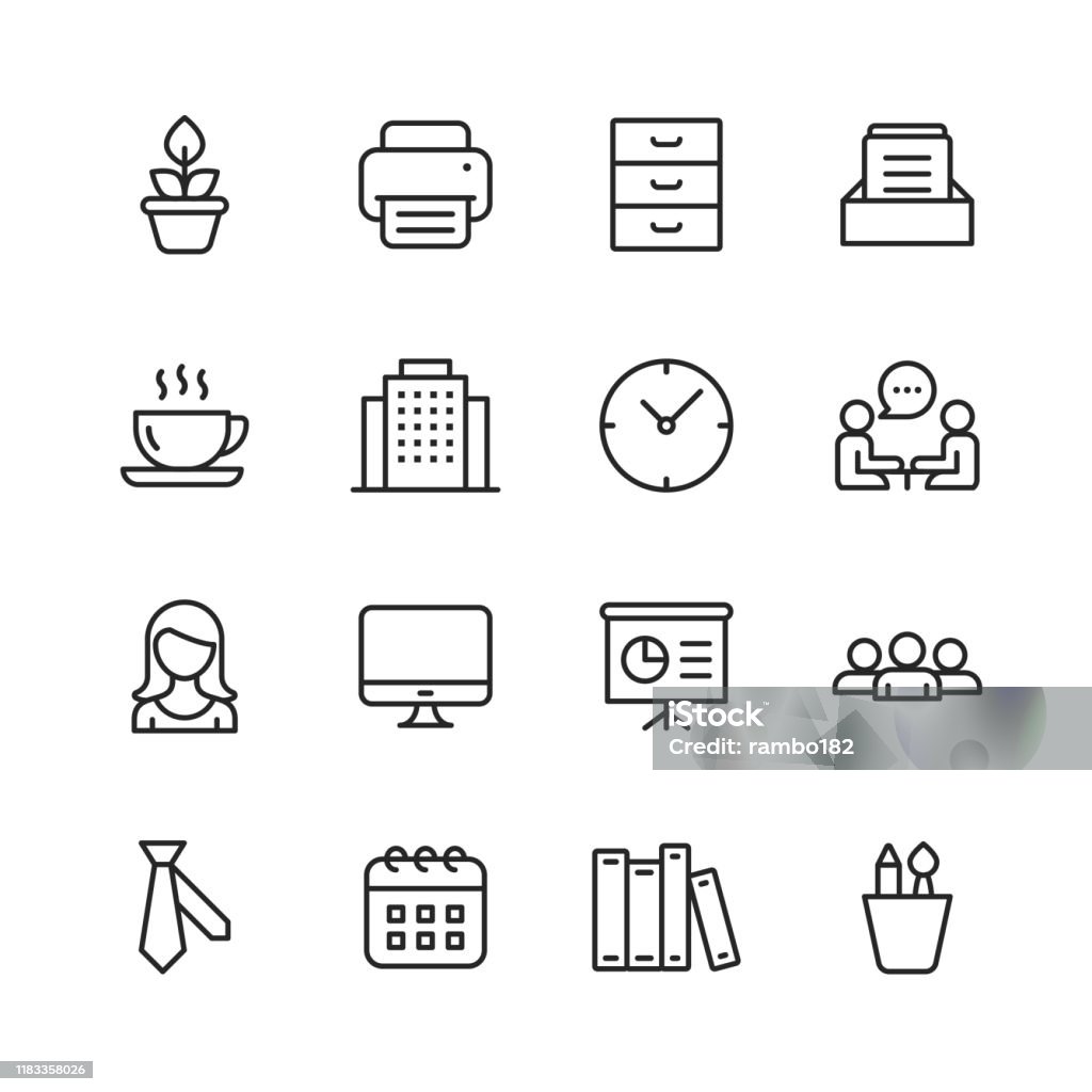 Office-ikoner. Redigerbar stroke. Pixel perfekt. För mobil och webb. Innehåller sådana ikoner som kontor, anläggning, skrivare, Office-verktyg, konversation, möte, kaffe, diagram. - Royaltyfri Ikon vektorgrafik
