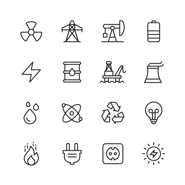 Energy and Power Icons. Editable Stroke. Pixel Perfect. For Mobile and Web. Contains such icons as Energy, Power, Renewable Energy, Electricity, Electric Car, Coal, Gas, Nuclear Power, Battery, Factory. 16 Energy Outline Icons. electricity symbols stock illustrations