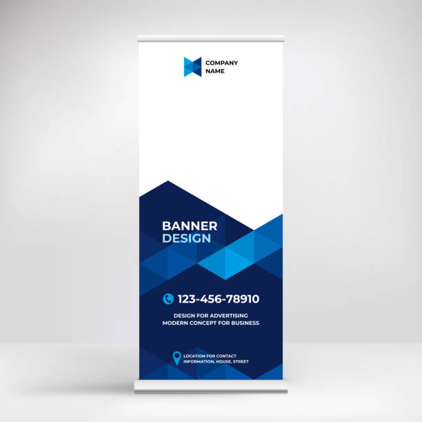 werbebanner-roll-up, modernes design für geschäftspräsentationen, konferenzen, seminare, banner-vorlage zur förderung von produkten und dienstleistungen. - broadsheet stock-grafiken, -clipart, -cartoons und -symbole