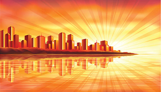Big island city reflecting in water at sunset vector art illustration