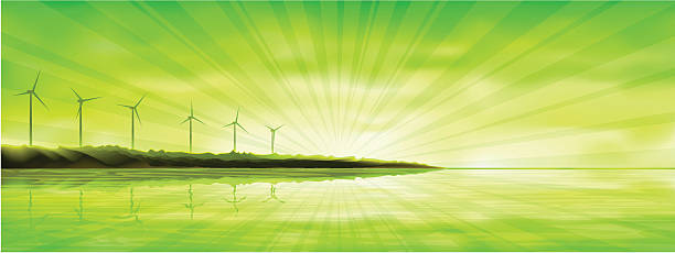 Green sunset over an ocean island with several wind turbines vector art illustration