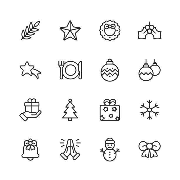 ilustrações de stock, clip art, desenhos animados e ícones de christmas icons. editable stroke. pixel perfect. for mobile and web. contains such icons as christmas, christmas decoration, santa claus, christmas gift, snowflake, winter, christmas hat, religion, church, celebration. - christmas holiday vacations candy cane