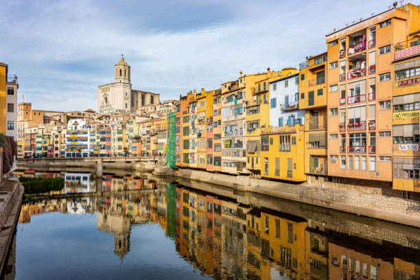 Coloured houses & River Scene, Girona, Spain stock photo