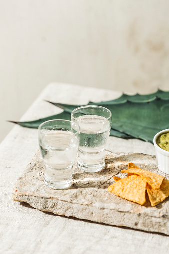 Mezcal or Mescal is a Mexican distilled alcoholic beverage made from any type of oven-cooked agave. With spicy tortilla chips and guacamole dip.