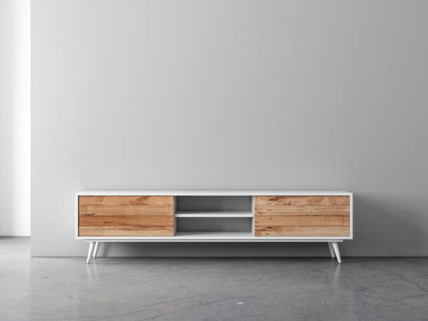istock Wooden tv console mockup in empty living room 1183364829