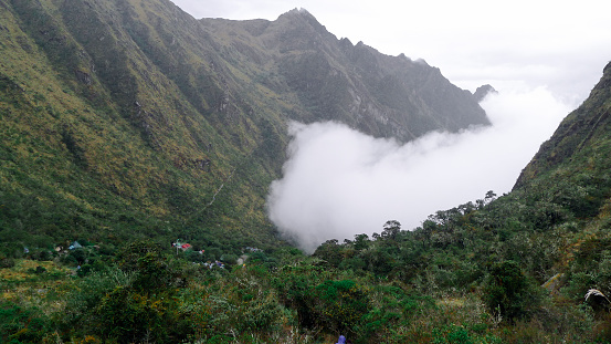 Inca trail heading towards Machu Picchu, mountain range