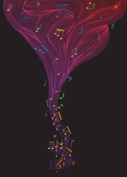 The color of music The art of sheet music. A twisted staff bifurcating into a beautiful wavy cloud of lines, full of musical notes and other symbols. music sheet music treble clef musical staff stock illustrations