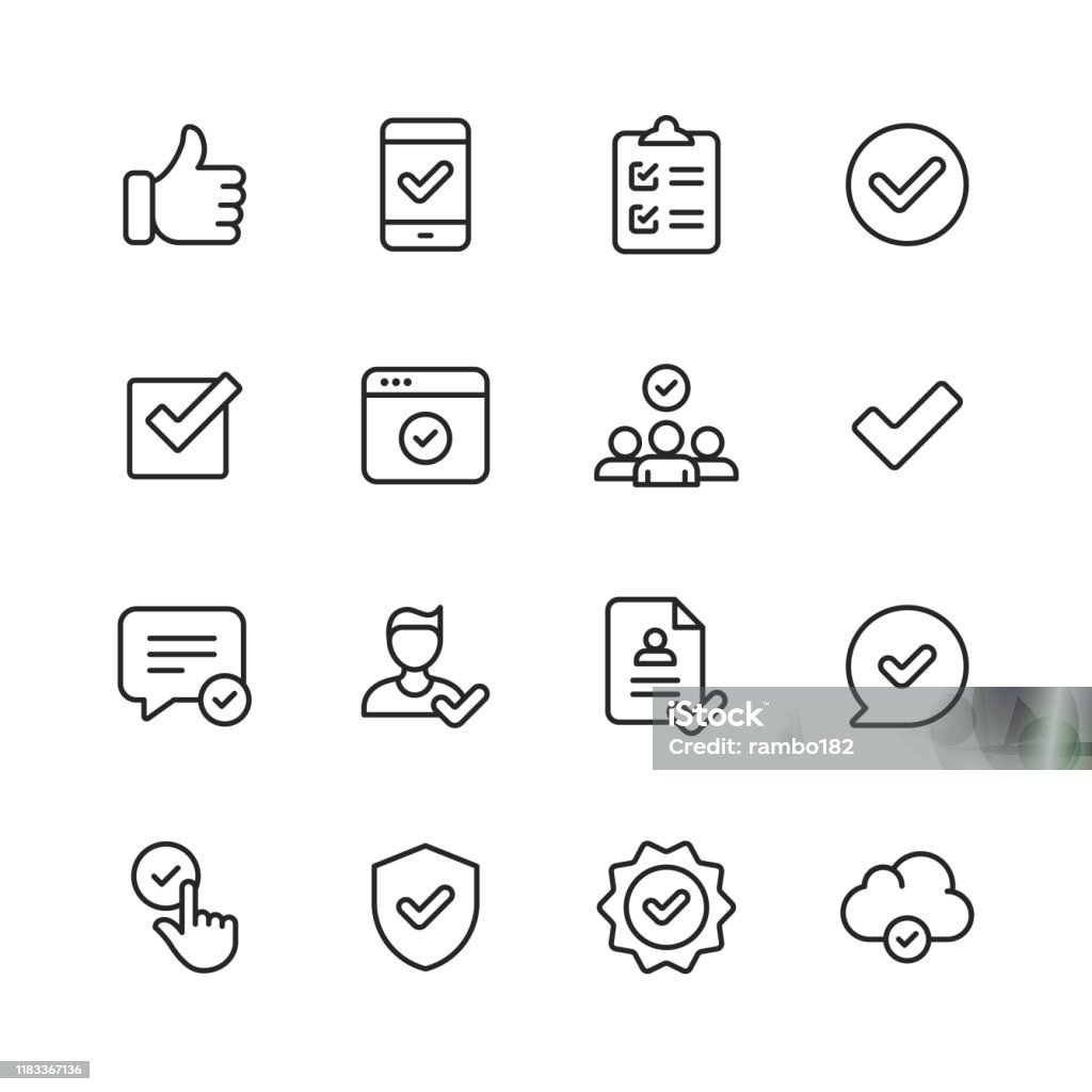 Approve Icons. Editable Stroke. Pixel Perfect. For Mobile and Web. Contains such icons as Approve, Agreement, Quality Control, Certificate, Check Mark, Achievement, Guarantee. 16 Approve Outline Icons. Icon stock vector