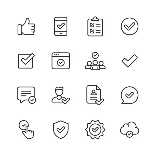 Vector illustration of Approve Icons. Editable Stroke. Pixel Perfect. For Mobile and Web. Contains such icons as Approve, Agreement, Quality Control, Certificate, Check Mark, Achievement, Guarantee.