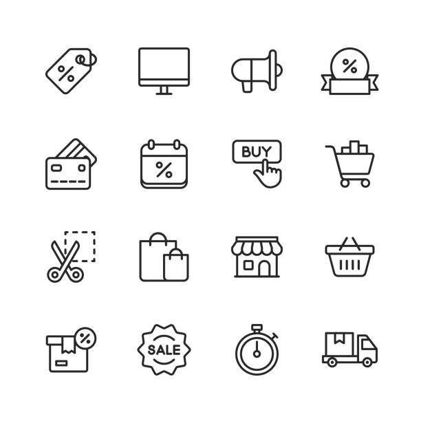Black Friday and Shopping Icons. Editable Stroke. Pixel Perfect. For Mobile and Web. Contains such icons as Black Friday, E-Commerce, Shopping, Store, Sale, Credit Card, Deal, Free Delivery, Discount. 16 Black Friday and Shopping Outline Icons. black friday shopping event illustrations stock illustrations