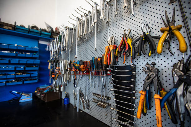 Every repairman's dream Hanging Tools  on the wall in a garage, well organized hardware store stock pictures, royalty-free photos & images