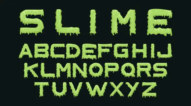 Vector illustration of Slime font. Alphabet with green flow drops and goo