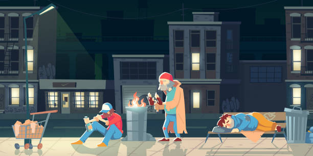 Homeless people in ghetto. Beggars and bums Life Homeless people in ghetto. Beggars and bums in ragged clothing sleeping on street, warming near barrel with fire, drinking alcohol, collecting garbage. Poor need help. cartoon flat vector illustration tramp home stock illustrations