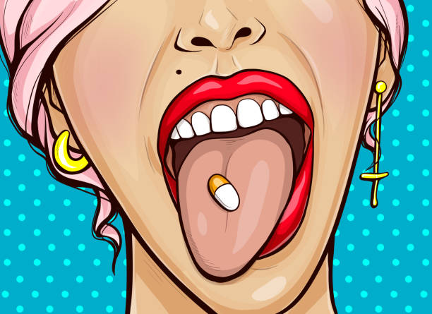 illustrazioni stock, clip art, cartoni animati e icone di tendenza di pillola sulla lingua, faccia da donna con primo piano a bocca aperta - pill pop art capsule medicine