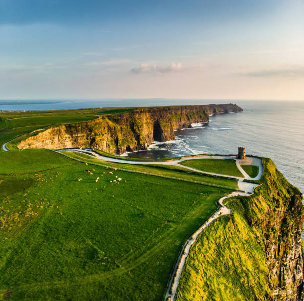 falaises de moher, l'une des destinations touristiques les plus populaires d'irlande. vue aérienne de l'attraction touristique connue sur wild atlantic way dans le comté de clare. - republic of ireland cliffs of moher landscape cliff photos et images de collection