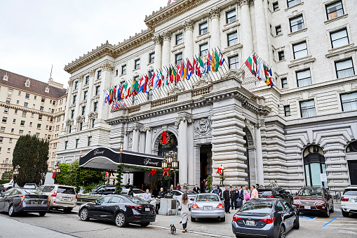 San Francisco, California, USA - December 15, 2018: Christmas season for Tourists and Travelers at the busy Fairmont Hotel in San Francisco, California.