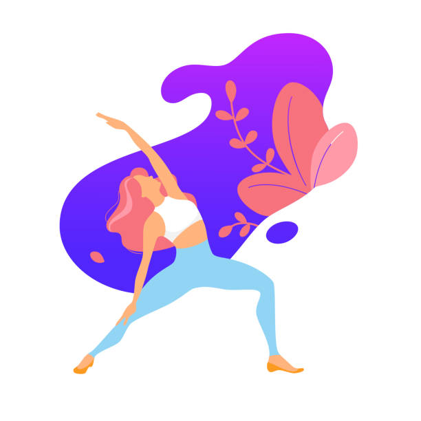 여성 활동. 스포츠 일러스트 어린 여자 그라데이션 플랫 스타일입니다. 건강하고 웰빙 라이프 스타일. 요가, 바레, 피트니스 운동을하는 어린 소녀. 웹에 적합한 디자인 - 벡터 - white background yoga exercising women stock illustrations