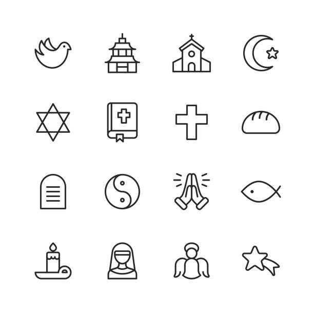 illustrations, cliparts, dessins animés et icônes de icônes de religion. accident vasculaire cérébral modifiable. pixel parfait. pour mobile et web. contient des icônes telles que la religion, dieu, la foi, la prière, le chrétien, le catholique, l'église, l'islam, le judaïsme, le musulman, l'hindouis - symbole religieux