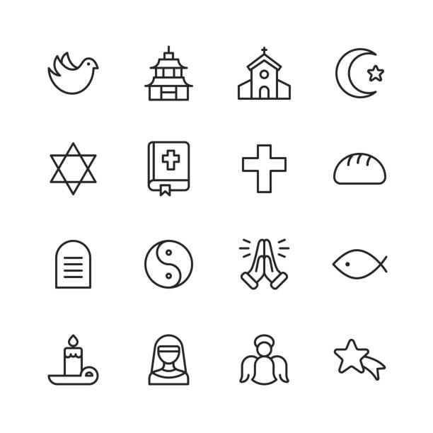 Religion Icons. Editable Stroke. Pixel Perfect. For Mobile and Web. Contains such icons as Religion, God, Faith, Pray, Christian, Catholic, Church, Islam, Judaism, Muslim, Hinduism, Meditation, Bible. 16 Religion Outline Icons. religious symbol stock illustrations