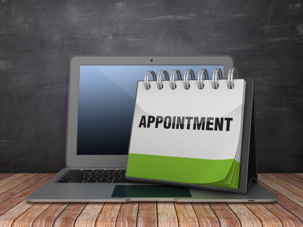 istock APPOINTMENT Calendar with Computer Laptop on Chalkboard Background - 3D Rendering 1183372170