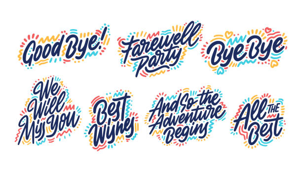 Hand drawn set of handwritten short phrases: Goodbye, All The Best, Bye Bye, Best Wishes, And so the adventure, We will miss you, Farewell party. Vector illustration.