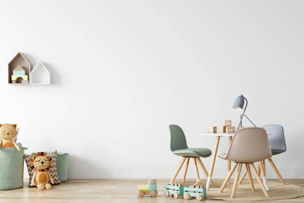 istock Kids Wall mock up. Kids interior. Scandinavian interior. 3d rendering, 3d illustration 1183382864
