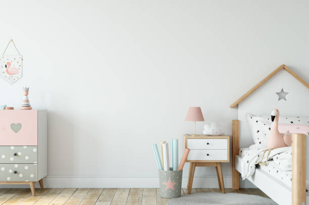 istock Kids Wall mock up. Kids interior. Scandinavian interior. 3d rendering, 3d illustration 1183382920