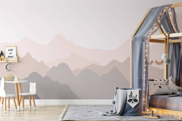istock Kids Wall mock up. Kids interior. Scandinavian interior. 3d rendering, 3d illustration 1183382927