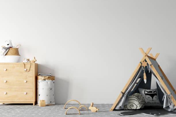 istock Kids Wall mock up. Kids interior. Scandinavian interior. 3d rendering, 3d illustration 1183382998