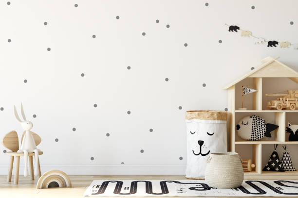 istock Kids Wall mock up. Kids interior. Scandinavian interior. 3d rendering, 3d illustration 1183383052