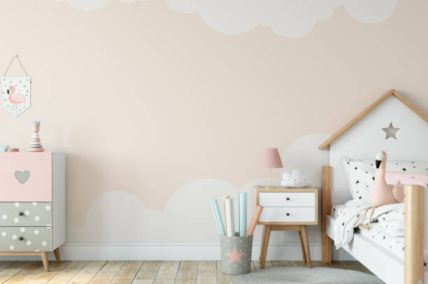 istock Kids Wall mock up. Kids interior. Scandinavian interior. 3d rendering, 3d illustration 1183383070
