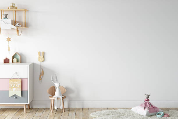 istock Kids Wall mock up. Kids interior. Scandinavian interior. 3d rendering, 3d illustration 1183383174