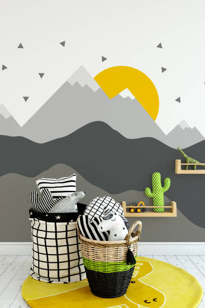 istock Kids Wall mock up. Kids interior. Scandinavian interior. 3d rendering, 3d illustration 1183383233